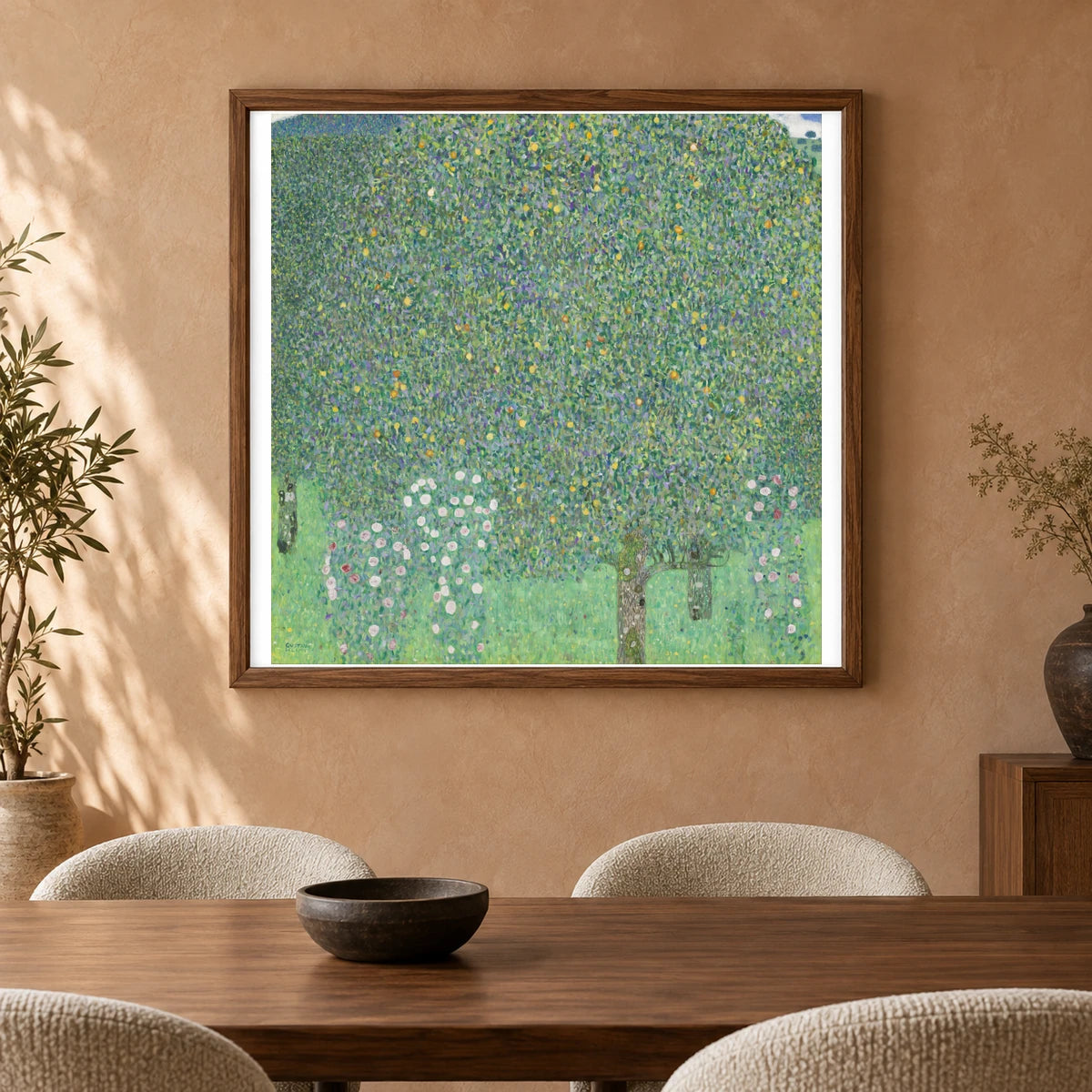 Rosebushes Under The Trees (circa 1905) — Gustav Klimt shown in a styled interior