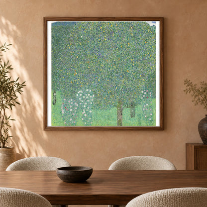 Rosebushes Under The Trees (circa 1905) — Gustav Klimt shown in a styled interior