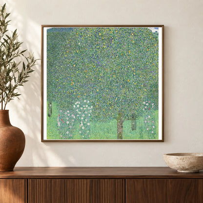 Rosebushes Under The Trees (circa 1905) — Gustav Klimt shown in a styled interior