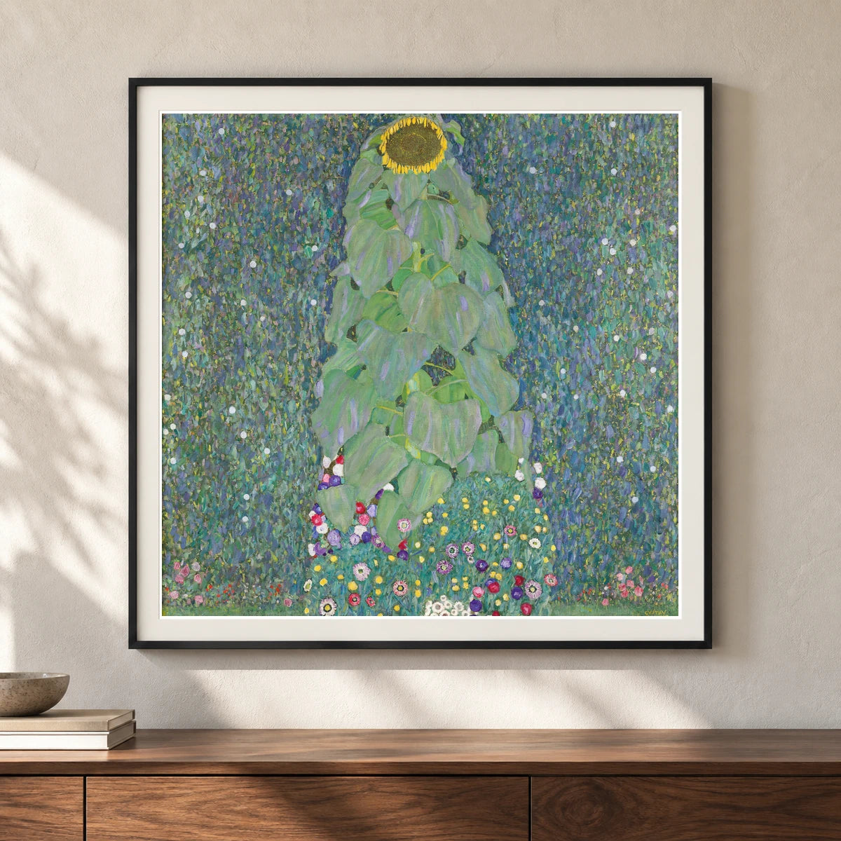 Sunflowers — Gustav Klimt shown in a styled interior