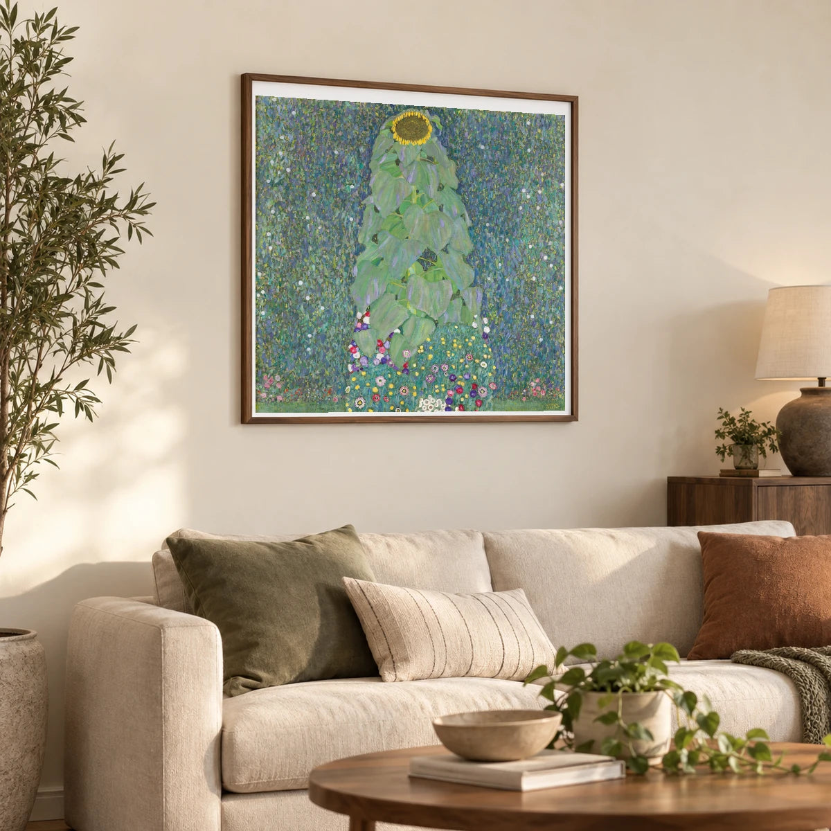 Sunflowers — Gustav Klimt shown in a styled interior
