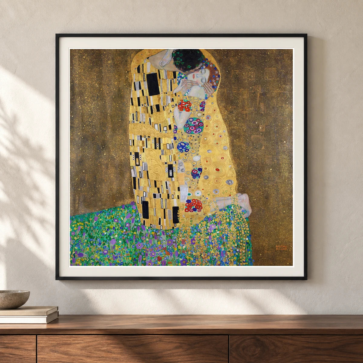The Kiss (lovers) (1908) — Gustav Klimt shown in a styled interior