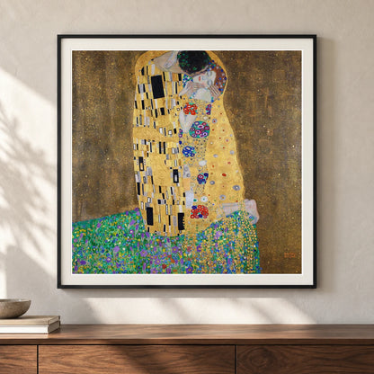 The Kiss (lovers) (1908) — Gustav Klimt shown in a styled interior