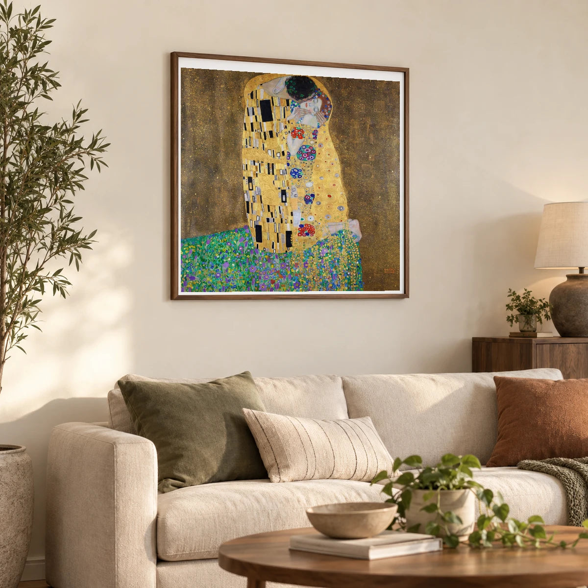 The Kiss (lovers) (1908) — Gustav Klimt shown in a styled interior