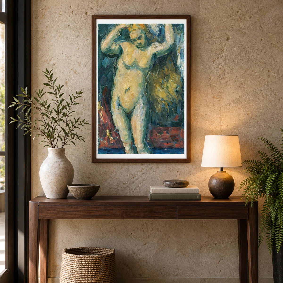 Baigneuse Debout, S’essuyant Les Cheveux (circa 1869) — Paul Cézanne shown in a styled interior