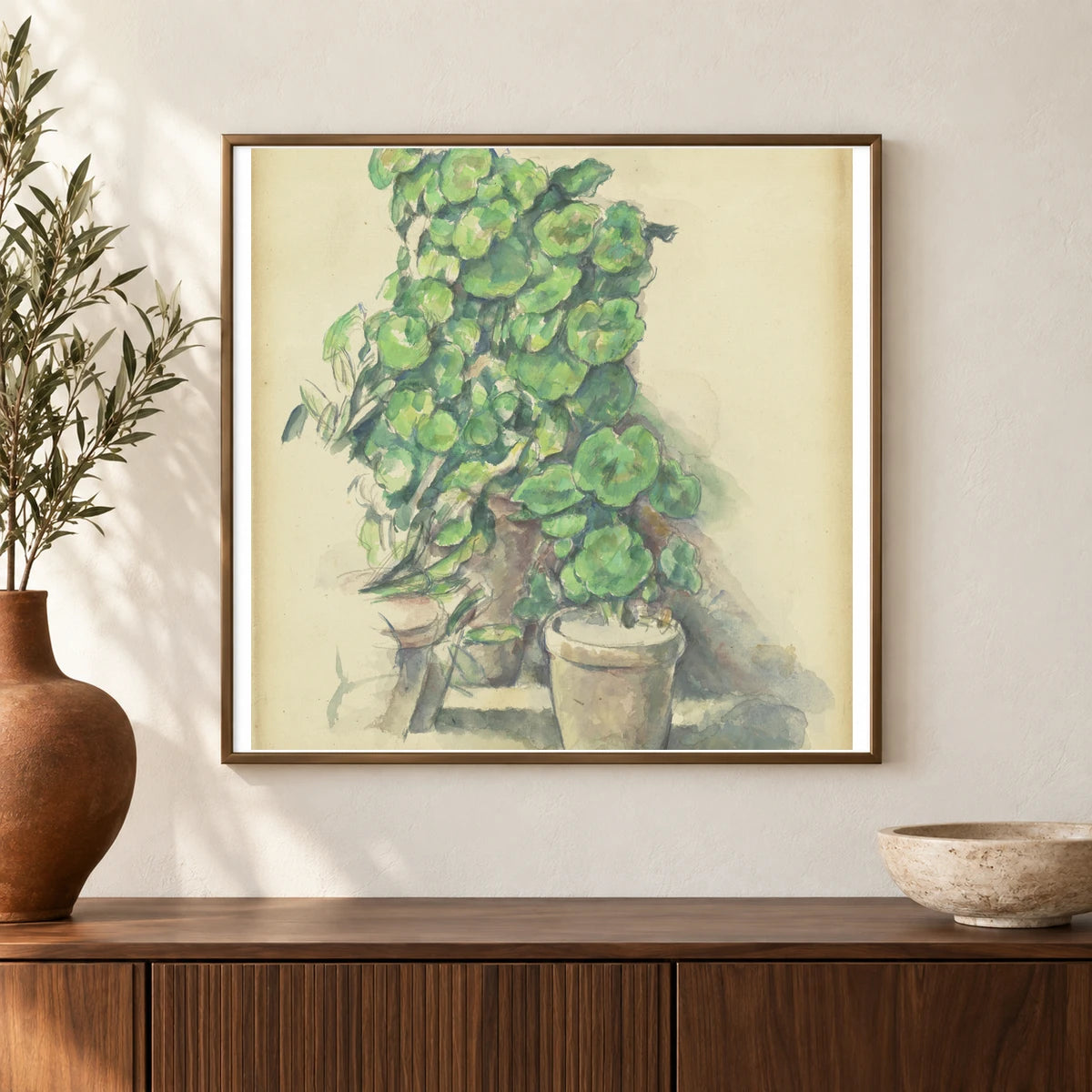 Geraniums (1888 1890) — Paul Cézanne shown in a styled interior
