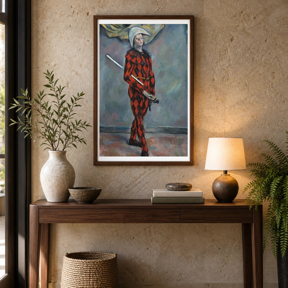 Harlequin (1888 1890) — Paul Cézanne shown in a styled interior