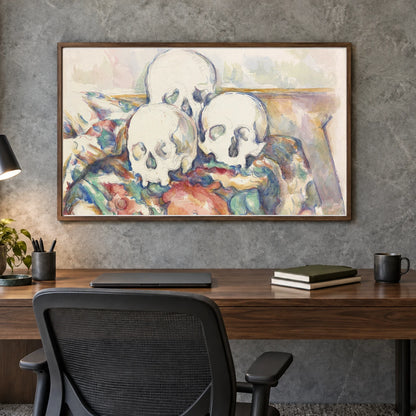 The Three Skulls (1902–1906) — Paul Cézanne shown in a styled interior
