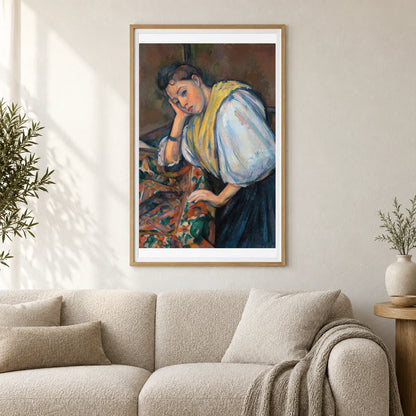 Young Italian Woman At A Table (1895–1900) — Paul Cézanne shown in a styled interior