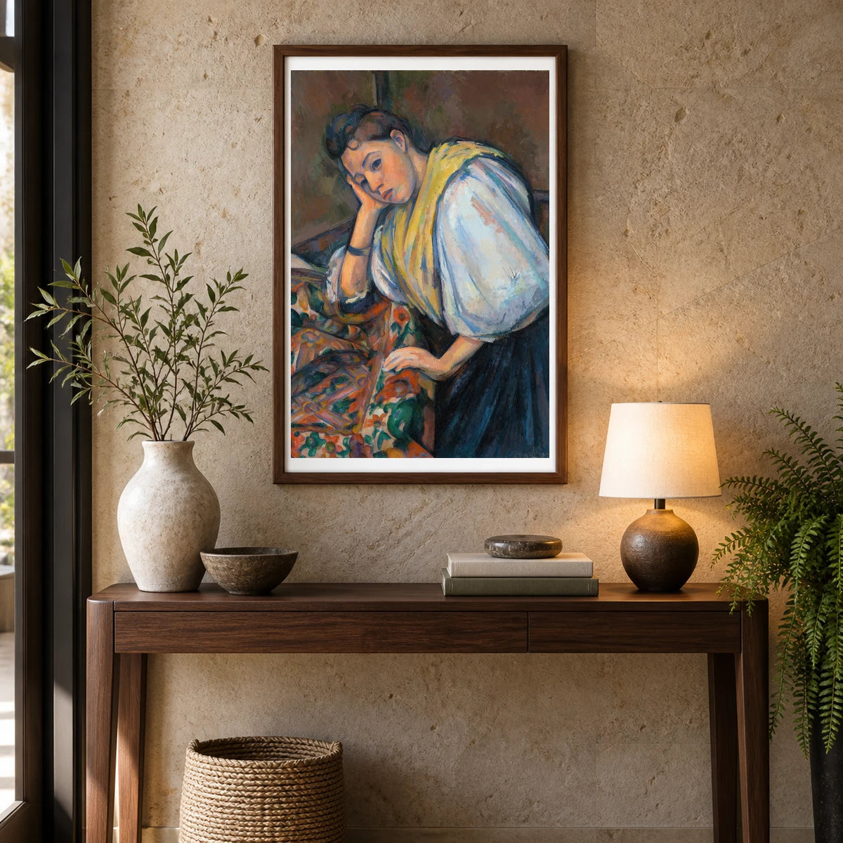 Young Italian Woman At A Table (1895–1900) — Paul Cézanne shown in a styled interior