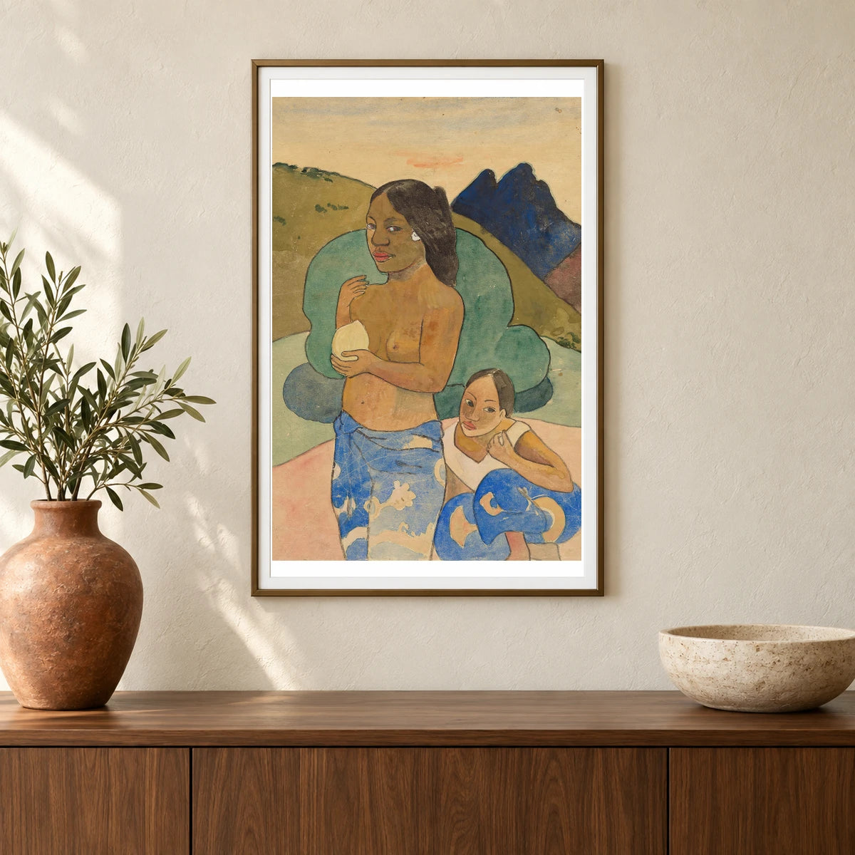 Two Tahitian Women In A Landscape (1887–1897) — Paul Gauguin shown in a styled interior