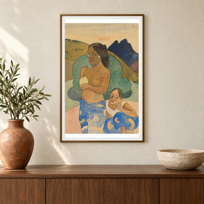 Two Tahitian Women In A Landscape (1887–1897) — Paul Gauguin shown in a styled interior