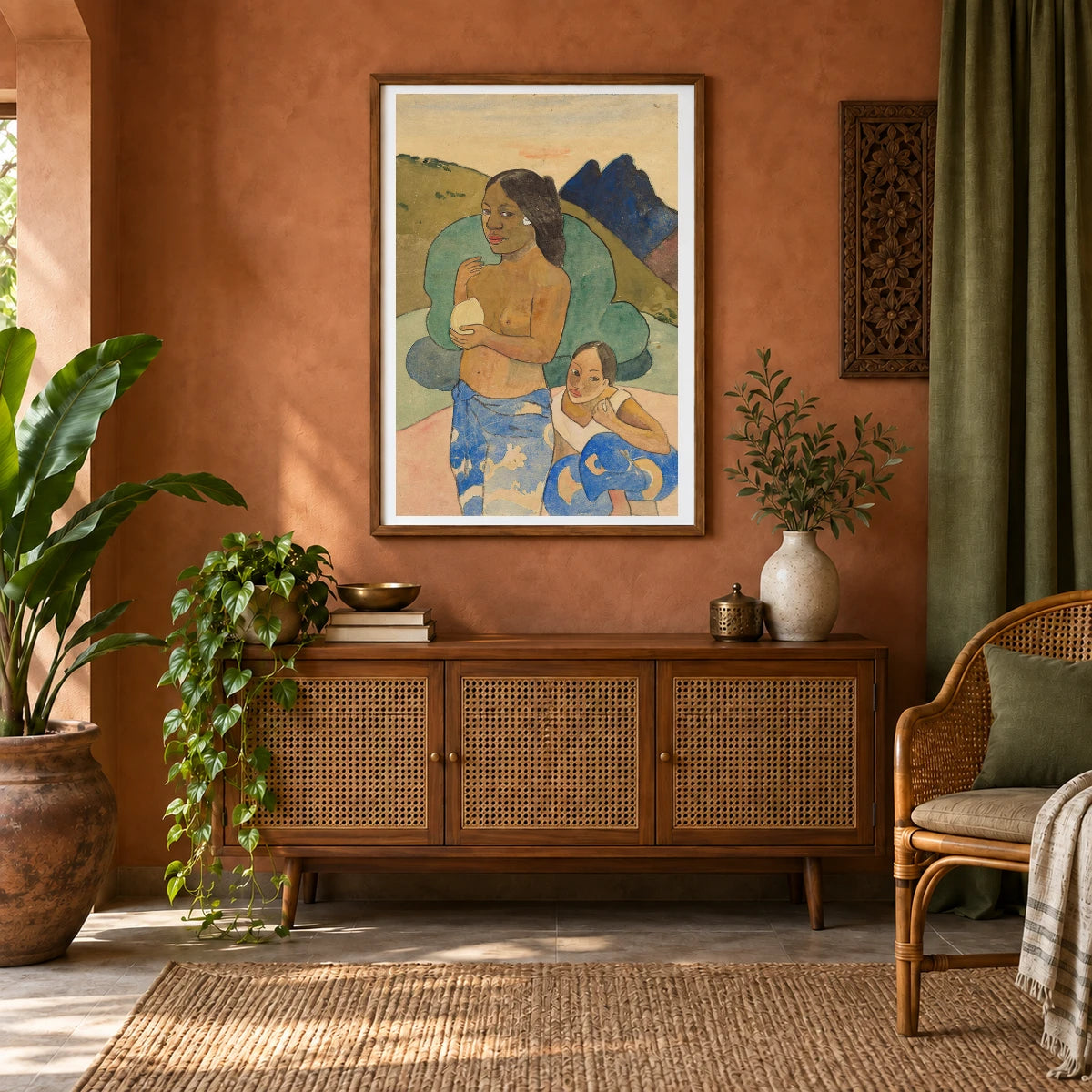 Two Tahitian Women In A Landscape (1887–1897) — Paul Gauguin shown in a styled interior