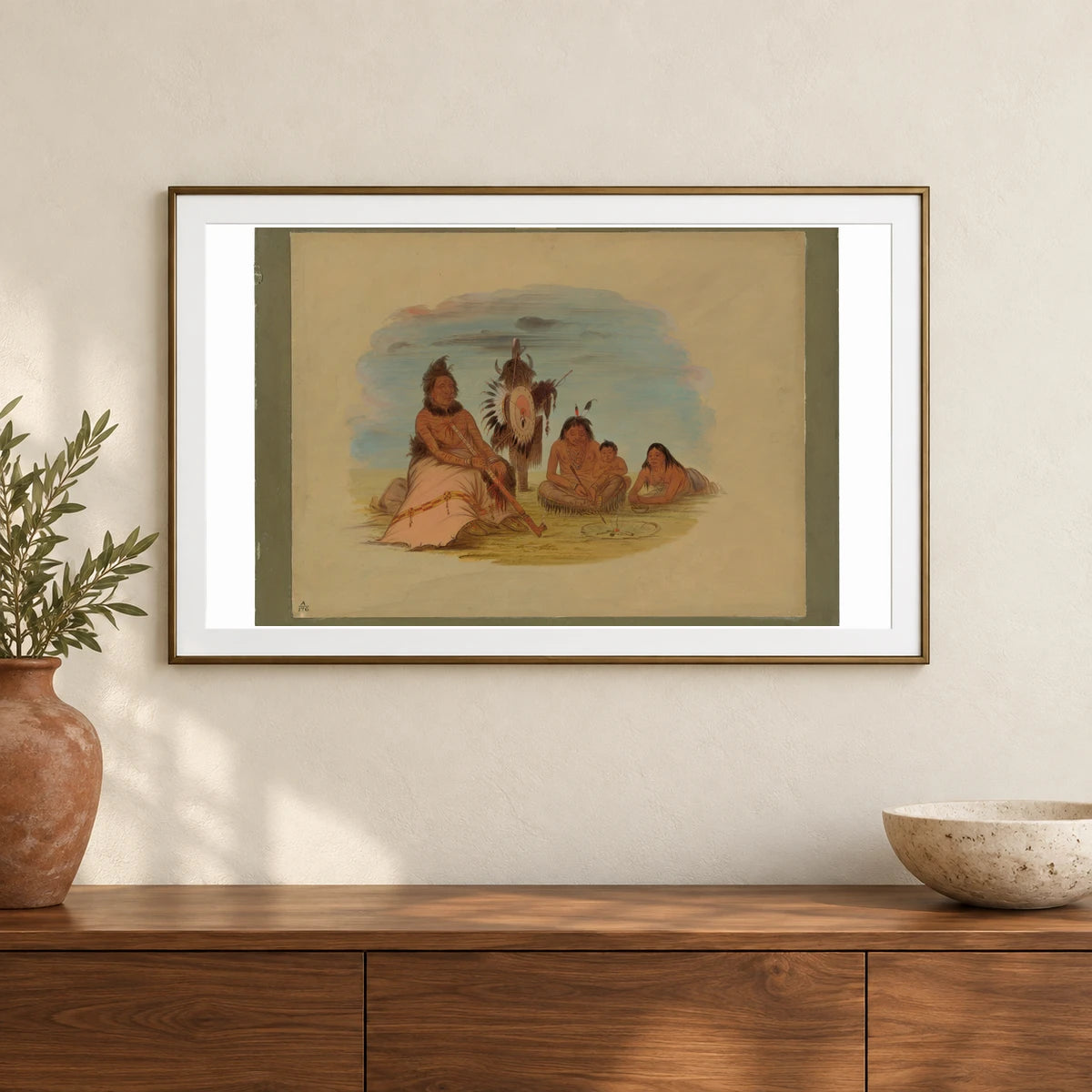 An Aged Minatarree Chief And His Family 1965.16.76 — Famous Paintings shown in a styled interior