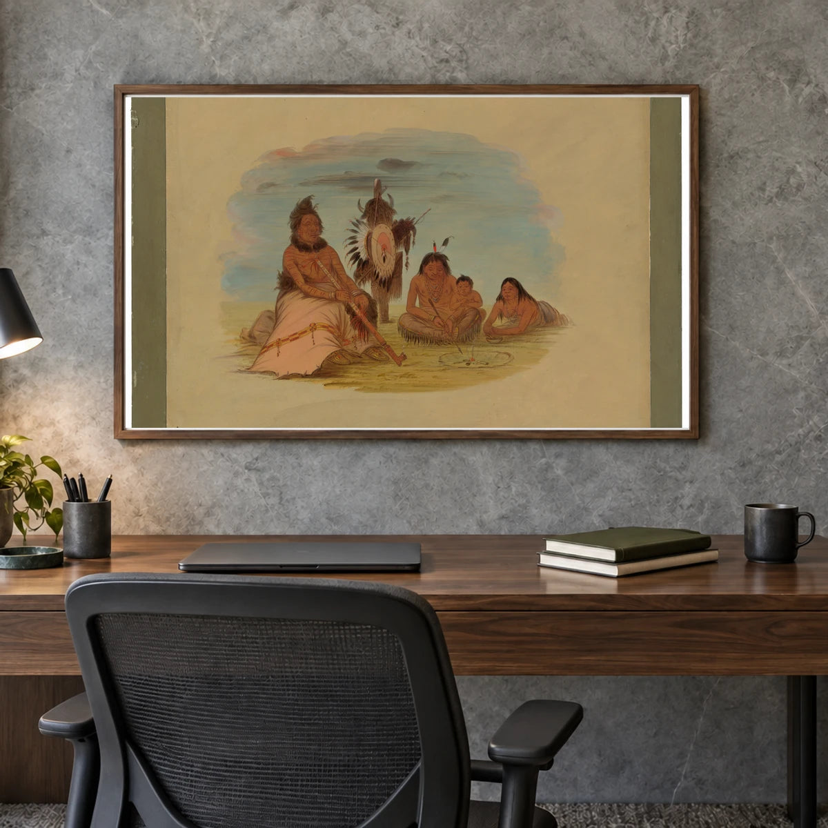 An Aged Minatarree Chief And His Family 1965.16.76 — Famous Paintings shown in a styled interior