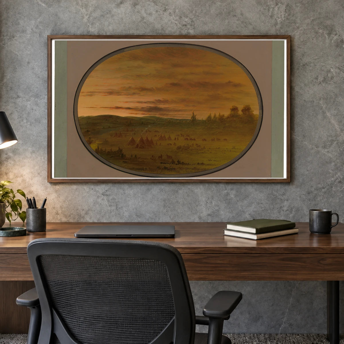 An Indian Encampment At Sunset 1965.16.189 — Famous Paintings shown in a styled interior