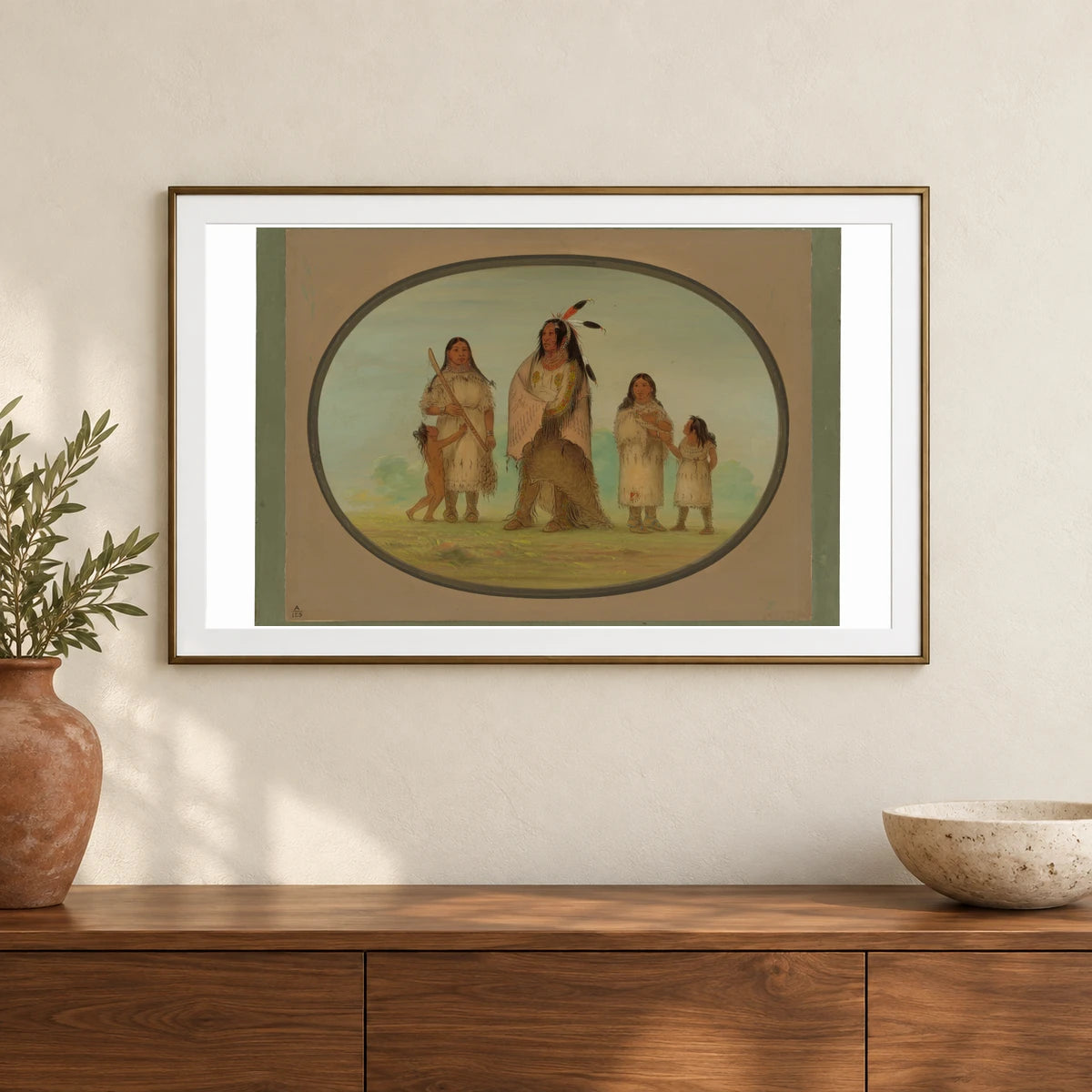 Assinneboine Warrior And His Family 1965.16.32 — Famous Paintings shown in a styled interior