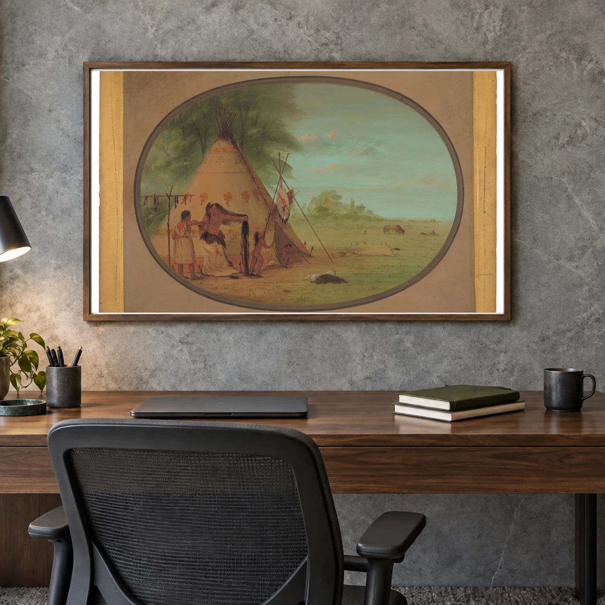 A Crow Chief At His Toilette 1965.16.22 — Famous Paintings shown in a styled interior