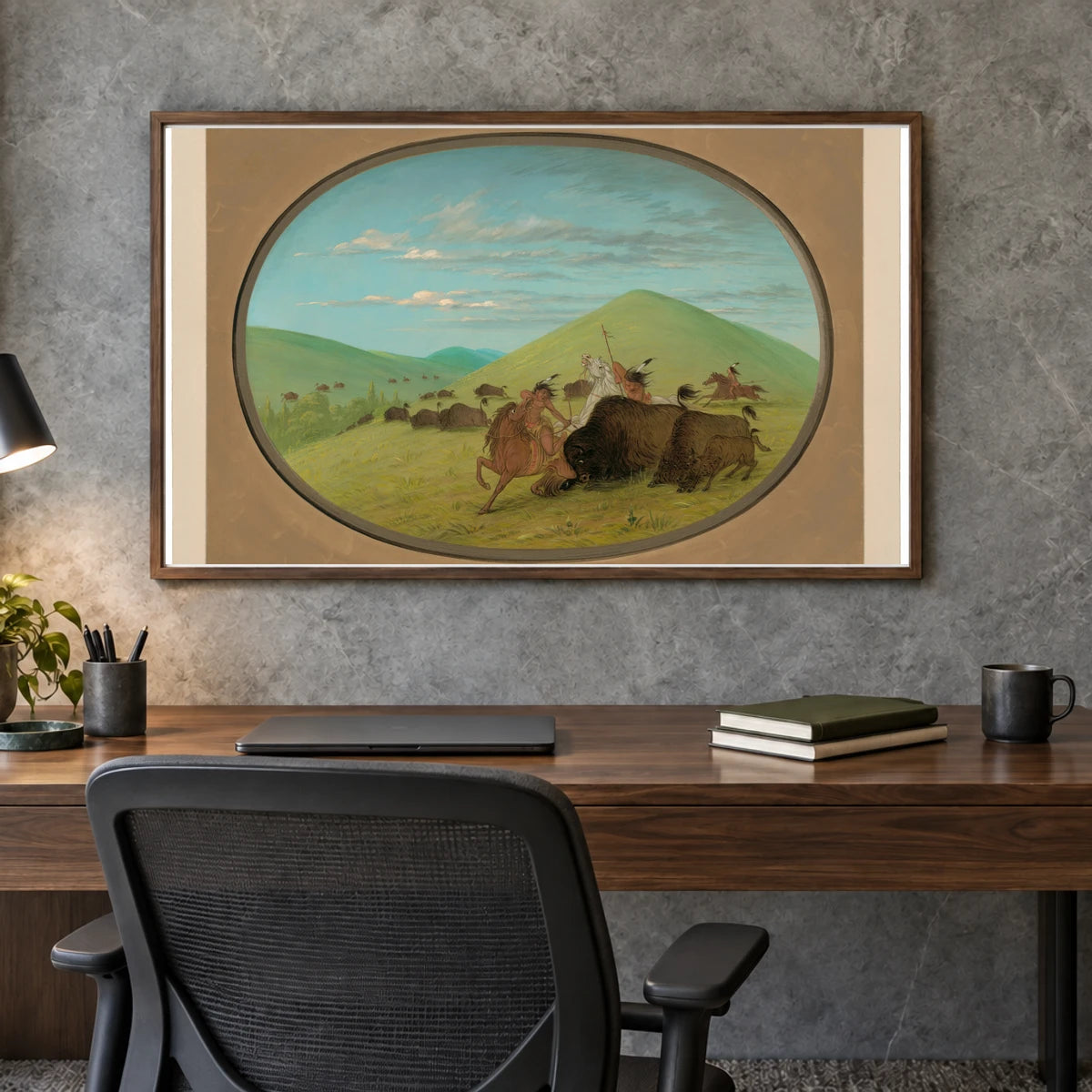 Buffalo Chase Bulls Protecting The Calves 1965.16.179 — Famous Paintings shown in a styled interior