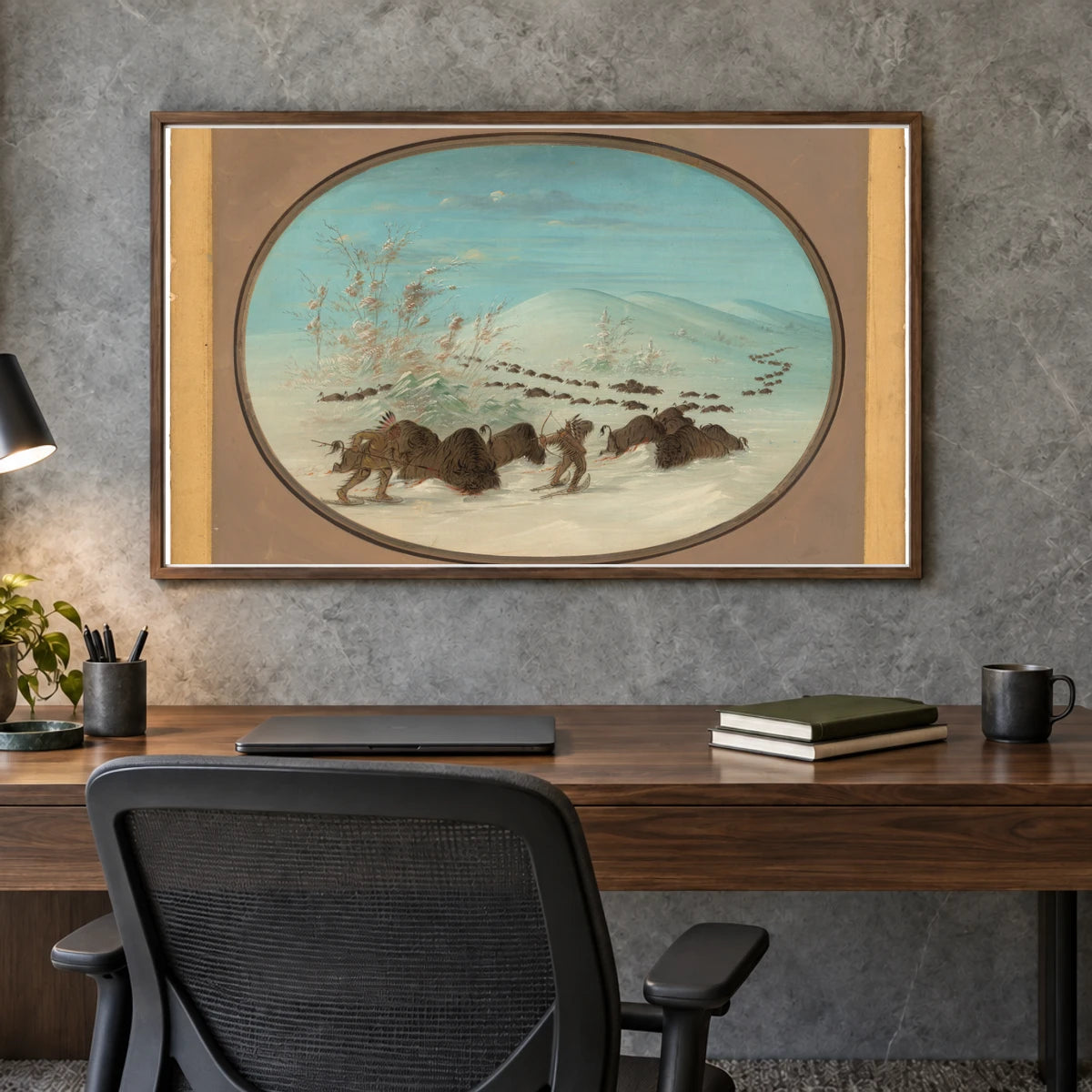 Buffalo Chase In The Snow Drifts Ojibbeway 1965.16.129 — Famous Paintings shown in a styled interior