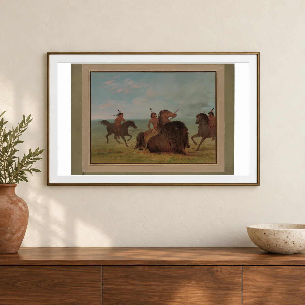 Camanchees Lancing A Buffalo Bull 1965.16.204 — Famous Paintings shown in a styled interior