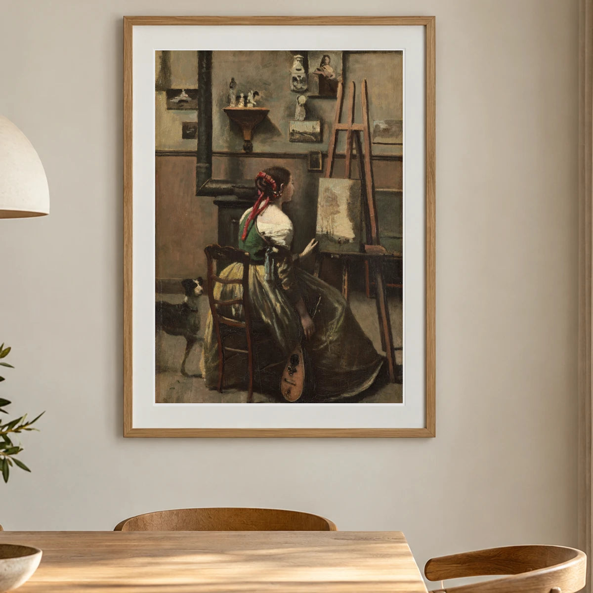 Corot S Studio Woman Seated Before An Easel, A Mandolin In Her Hand 1942.9.11 — Famous Paintings shown in a styled interior