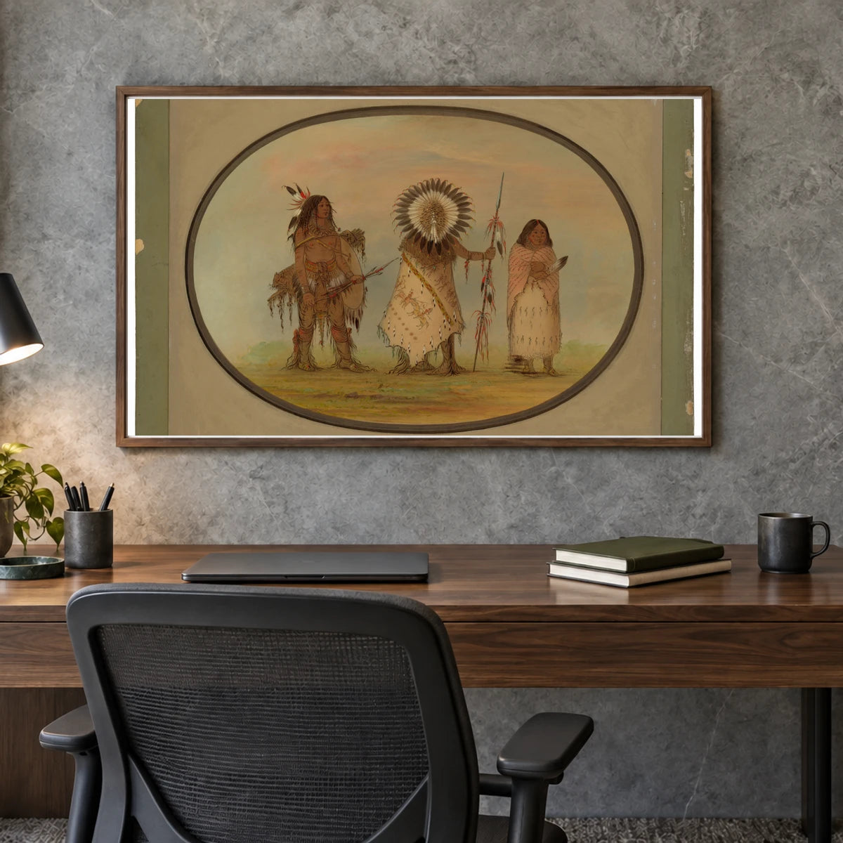 Crow Chief, His Wife, And A Warrior 1965.16.19 — Famous Paintings shown in a styled interior