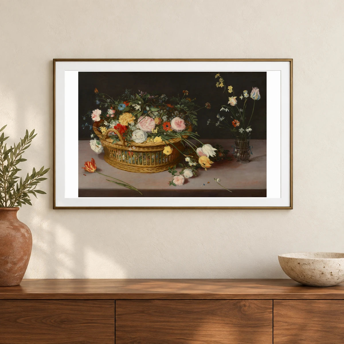 Flowers In A Basket And A Vase 1992.51.7 — Famous Paintings shown in a styled interior