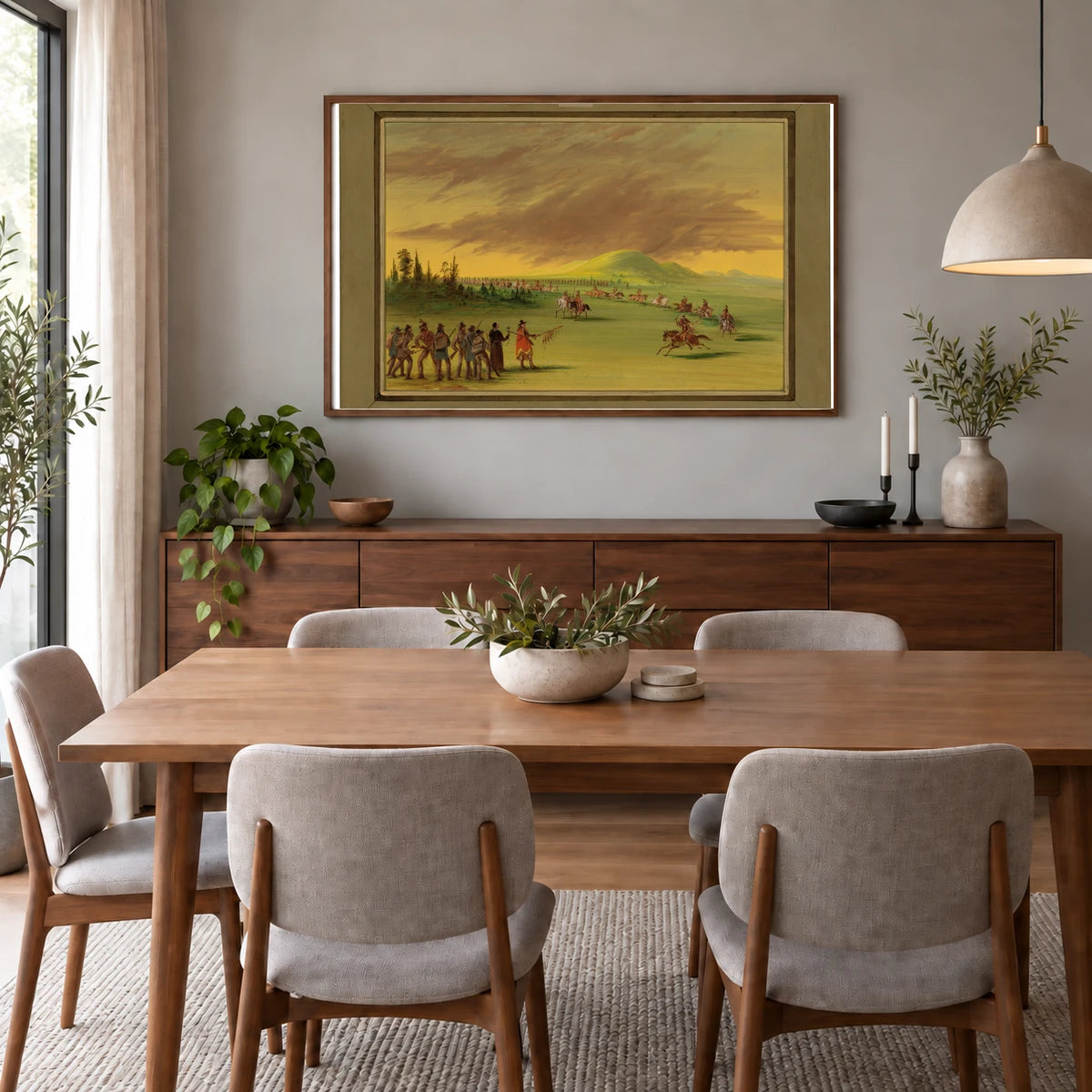 La Salle Meets A War Party Of Cenis Indians On A Texas Prairie. April 25, 1686 1965.16.338 — Famous Paintings shown in a styled interior