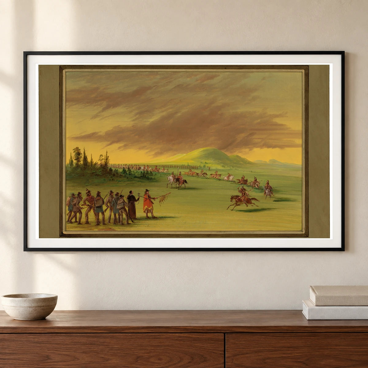 La Salle Meets A War Party Of Cenis Indians On A Texas Prairie. April 25, 1686 1965.16.338 — Famous Paintings shown in a styled interior