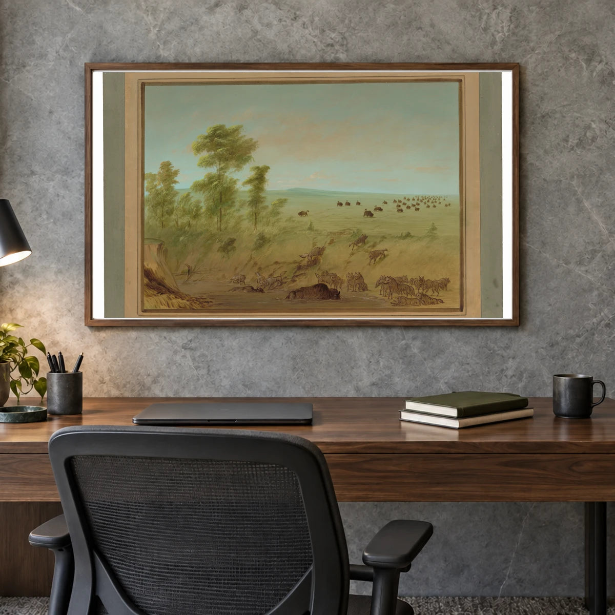 Mired Buffalo And Wolves 1965.16.213 — Famous Paintings shown in a styled interior
