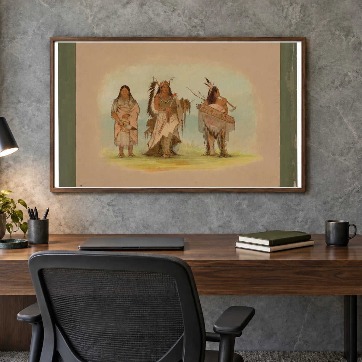 Omaha Chief, His Wife, And A Warrior 1965.16.313 — Famous Paintings shown in a styled interior