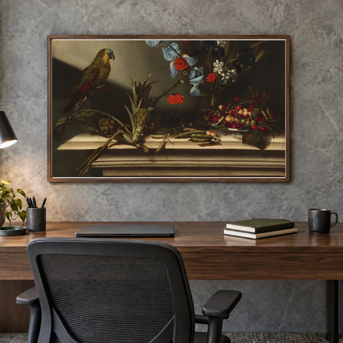Still Life With Artichokes And A Parrot 1998.23.2 — Famous Paintings shown in a styled interior
