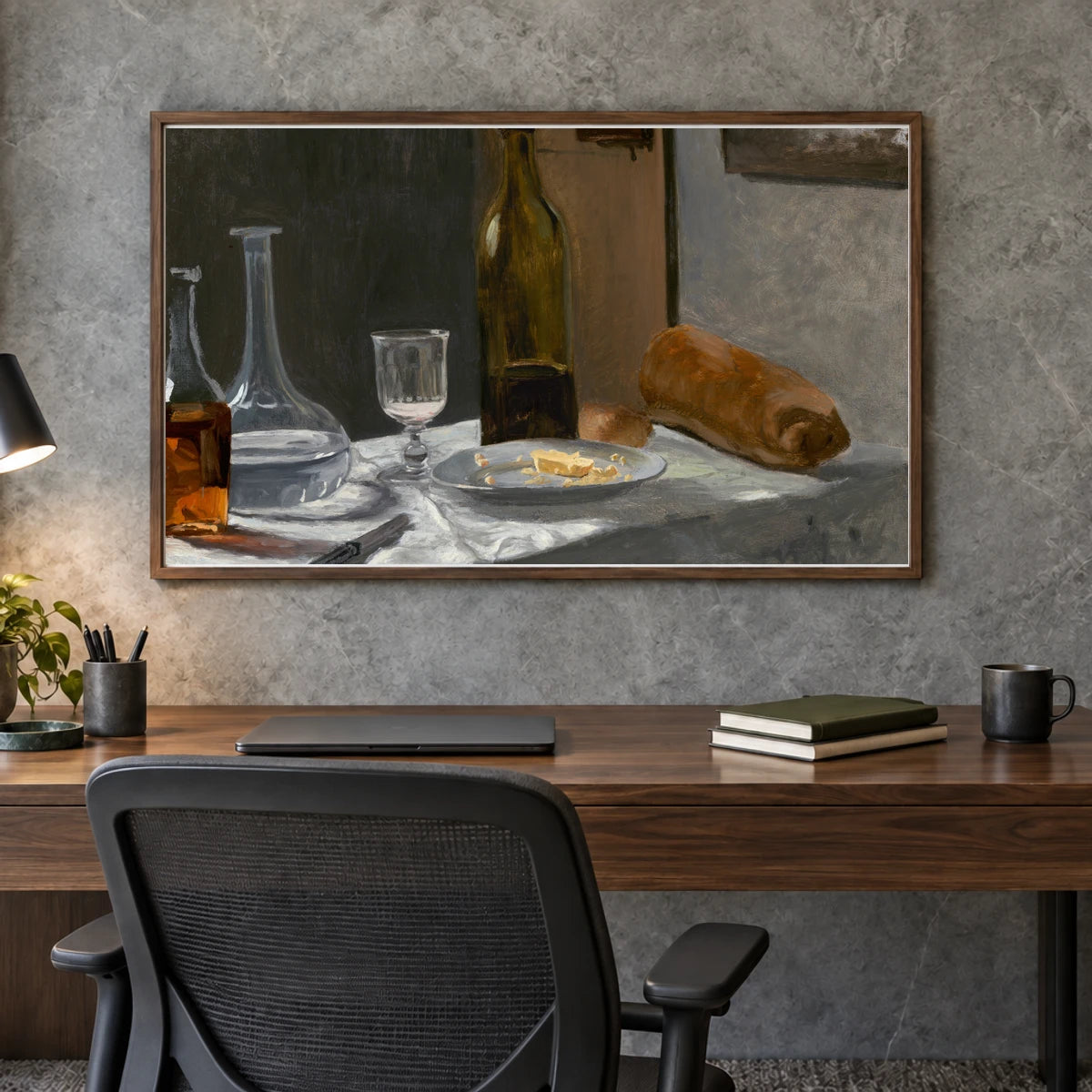 Still Life With Bottle, Carafe, Bread, And Wine 2014.18.32 — Famous Paintings shown in a styled interior