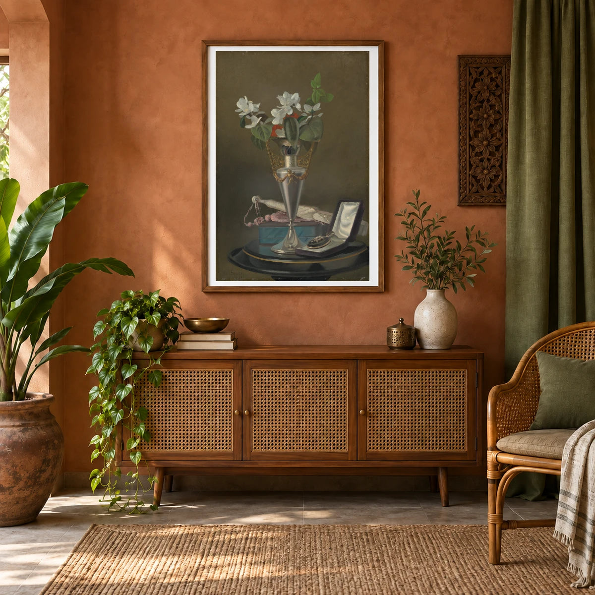 Still Life With Fan And Pendant 2004.165.3 — Famous Paintings shown in a styled interior