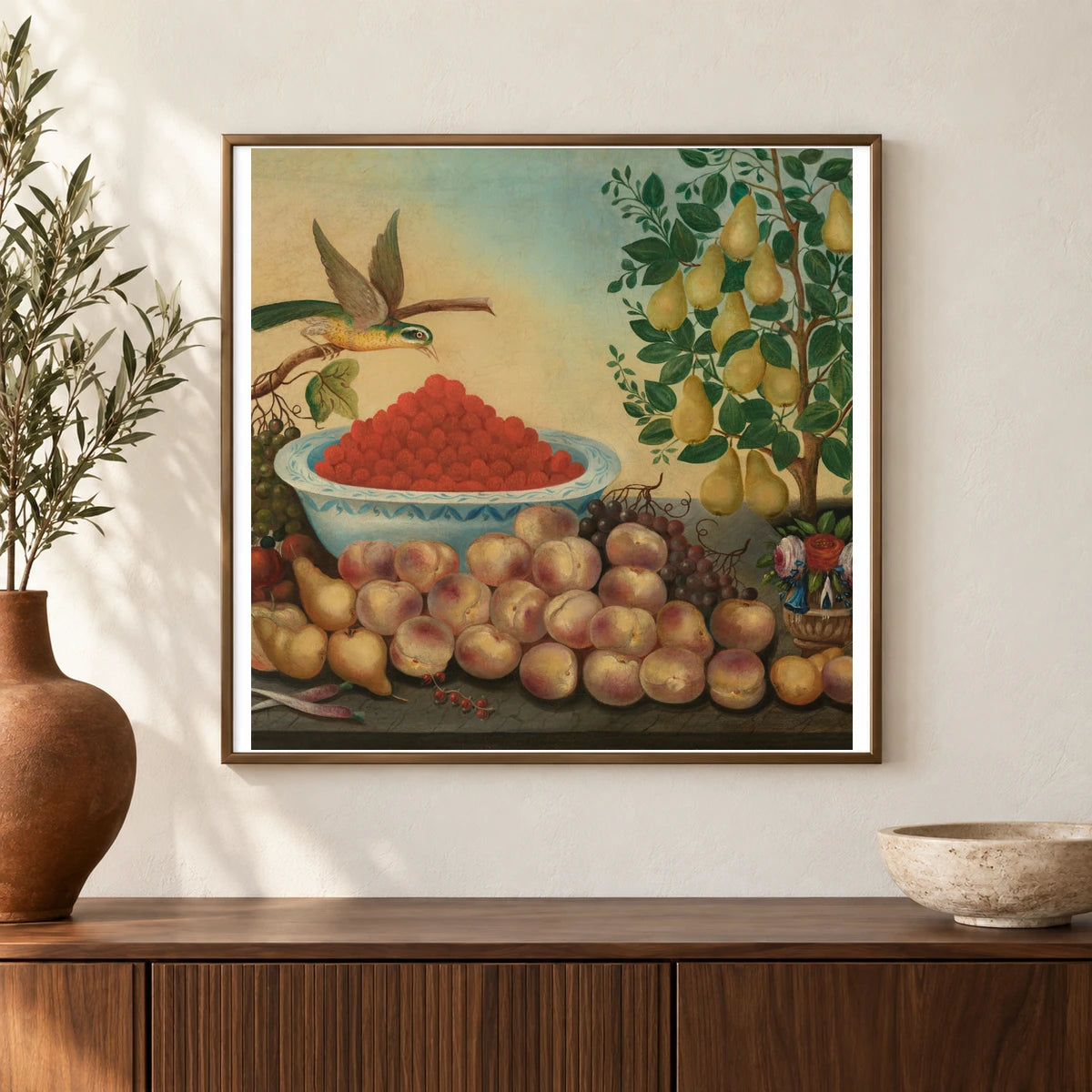 Still Life Fruit, Bird, And Dwarf Pear Tree 1980.62.2 — Famous Paintings shown in a styled interior
