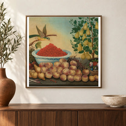Still Life Fruit, Bird, And Dwarf Pear Tree 1980.62.2 — Famous Paintings shown in a styled interior