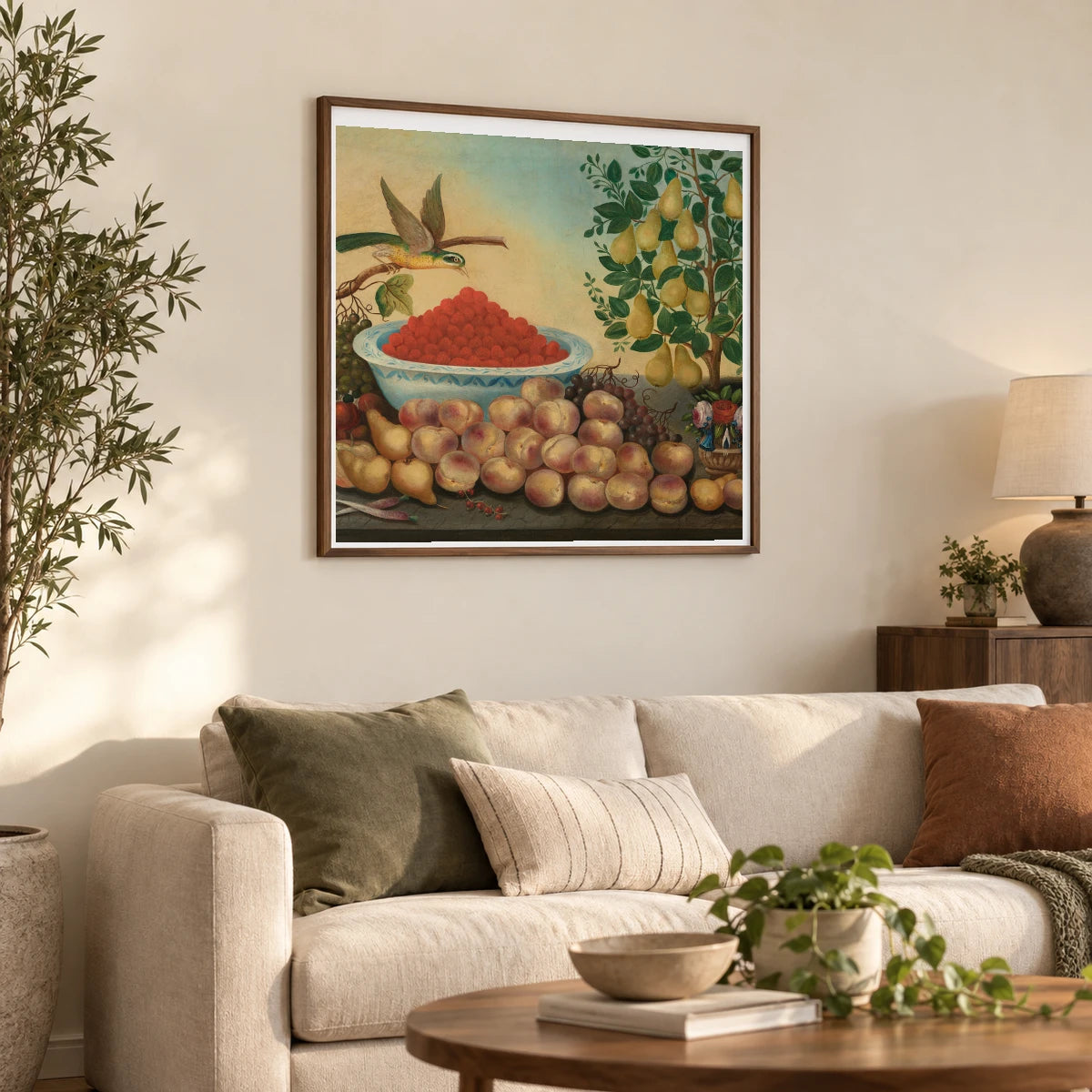 Still Life Fruit, Bird, And Dwarf Pear Tree 1980.62.2 — Famous Paintings shown in a styled interior
