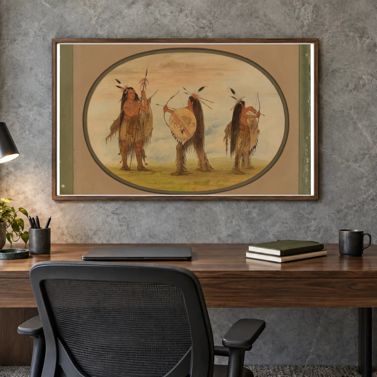 Three Mandan Warriors Armed For War 1965.16.73 — Famous Paintings shown in a styled interior