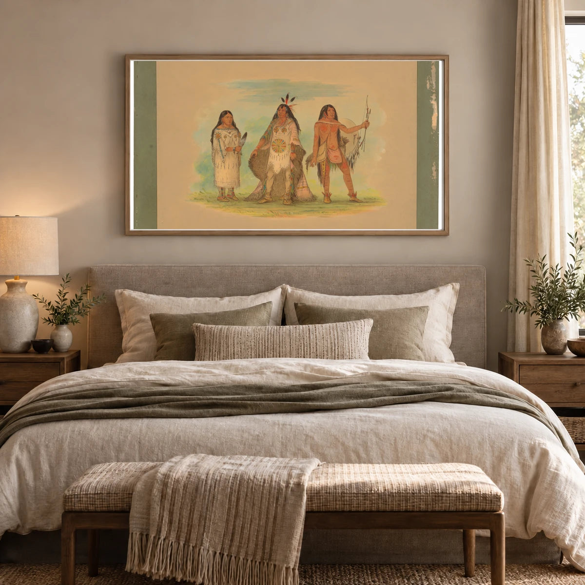 Three Minatarree Indians 1965.16.77 — Famous Paintings shown in a styled interior
