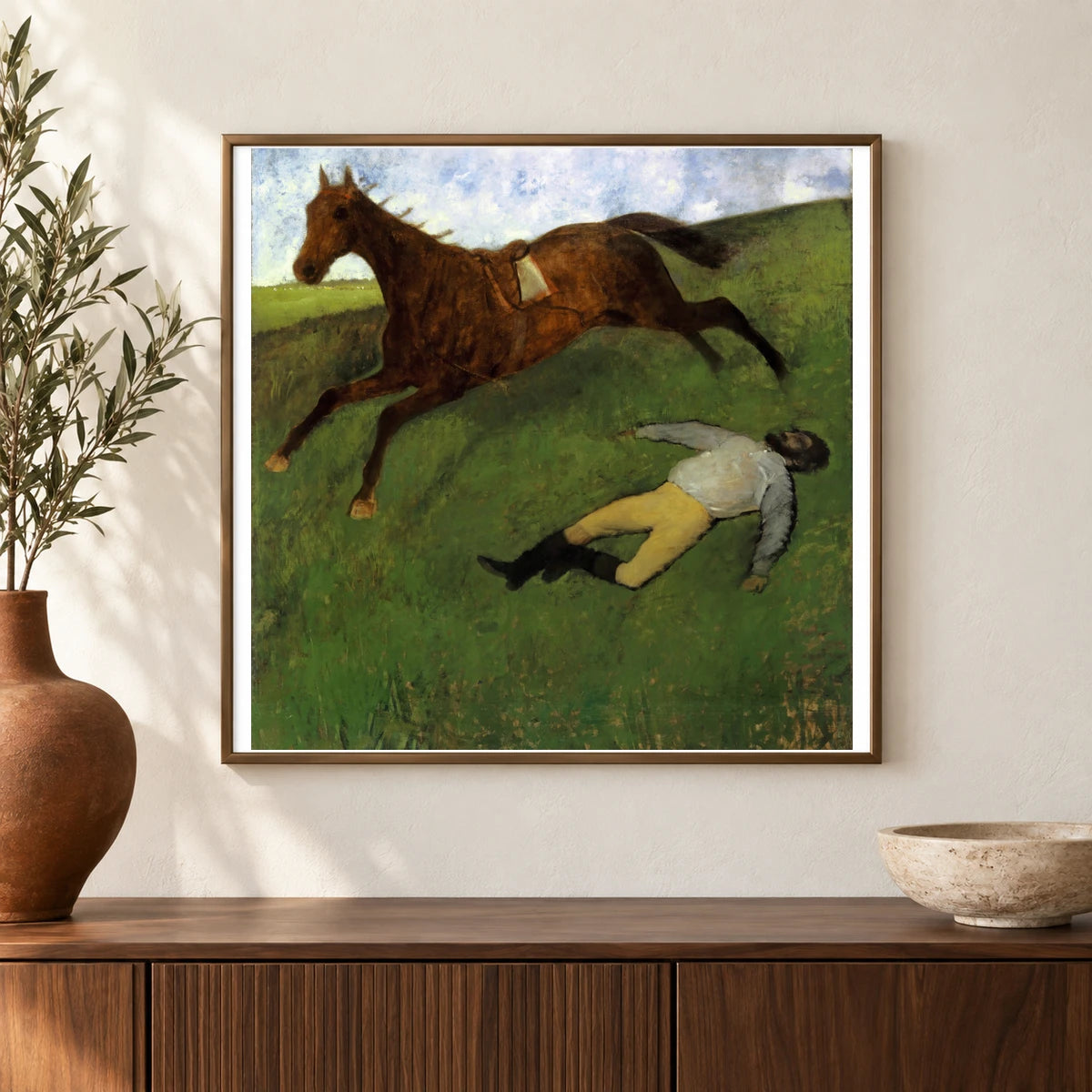 Injured Jockey — Edgar Degas shown in a styled interior