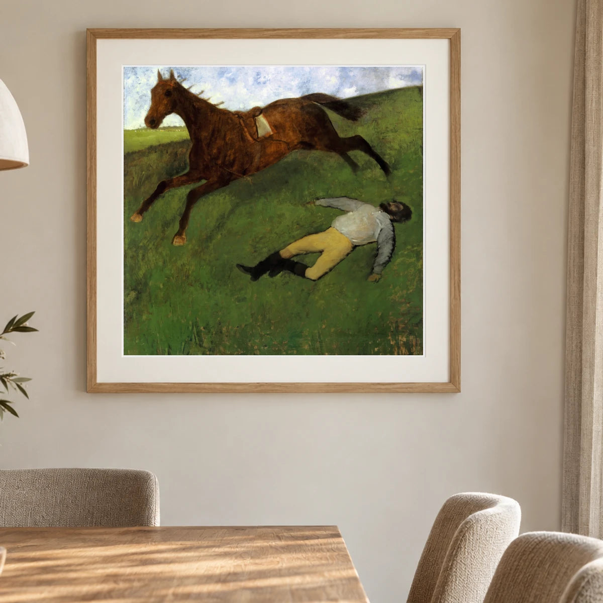 Injured Jockey — Edgar Degas shown in a styled interior