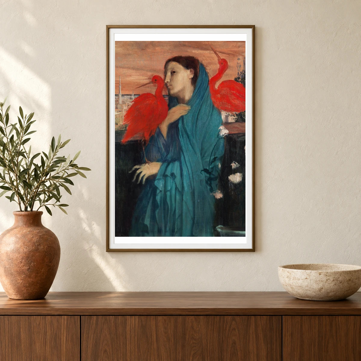 Young Woman With Ibis (1860–62) — Edgar Degas shown in a styled interior