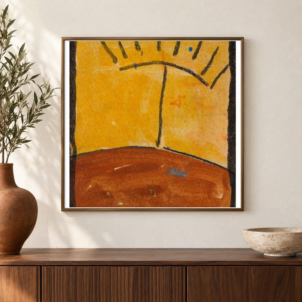 Abstrahierte Landschaft Mit Sonnenaufgang (1918) — Egon Schiele shown in a styled interior