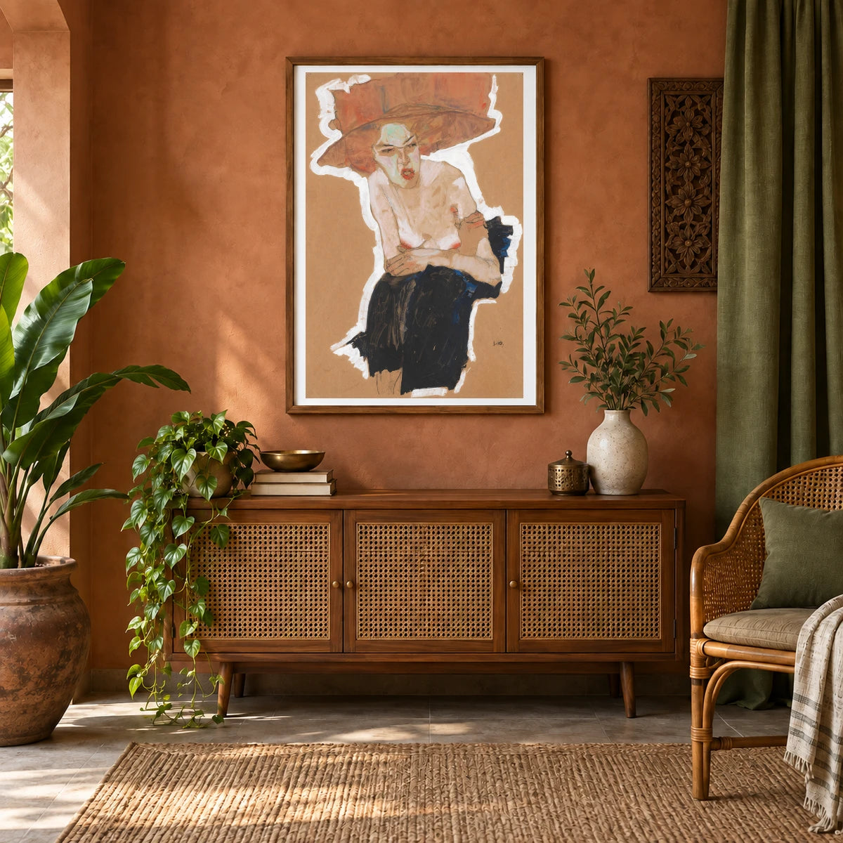 Die Hämische (1910) — Egon Schiele shown in a styled interior