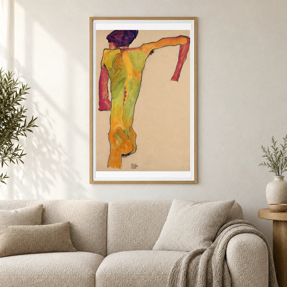 Male Nude, Propping Himself Up (1910) — Egon Schiele shown in a styled interior