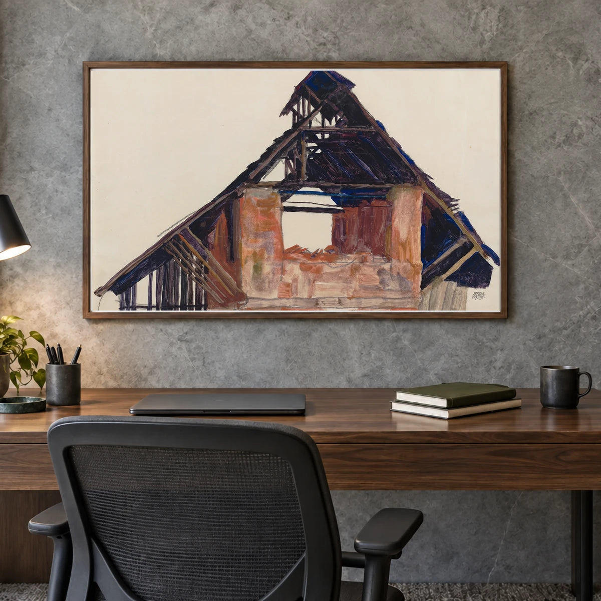 Old Gable (1913) — Egon Schiele shown in a styled interior