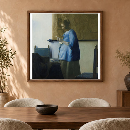 Woman Reading A Letter (c. 1663) — Johannes Vermeer shown in a styled interior