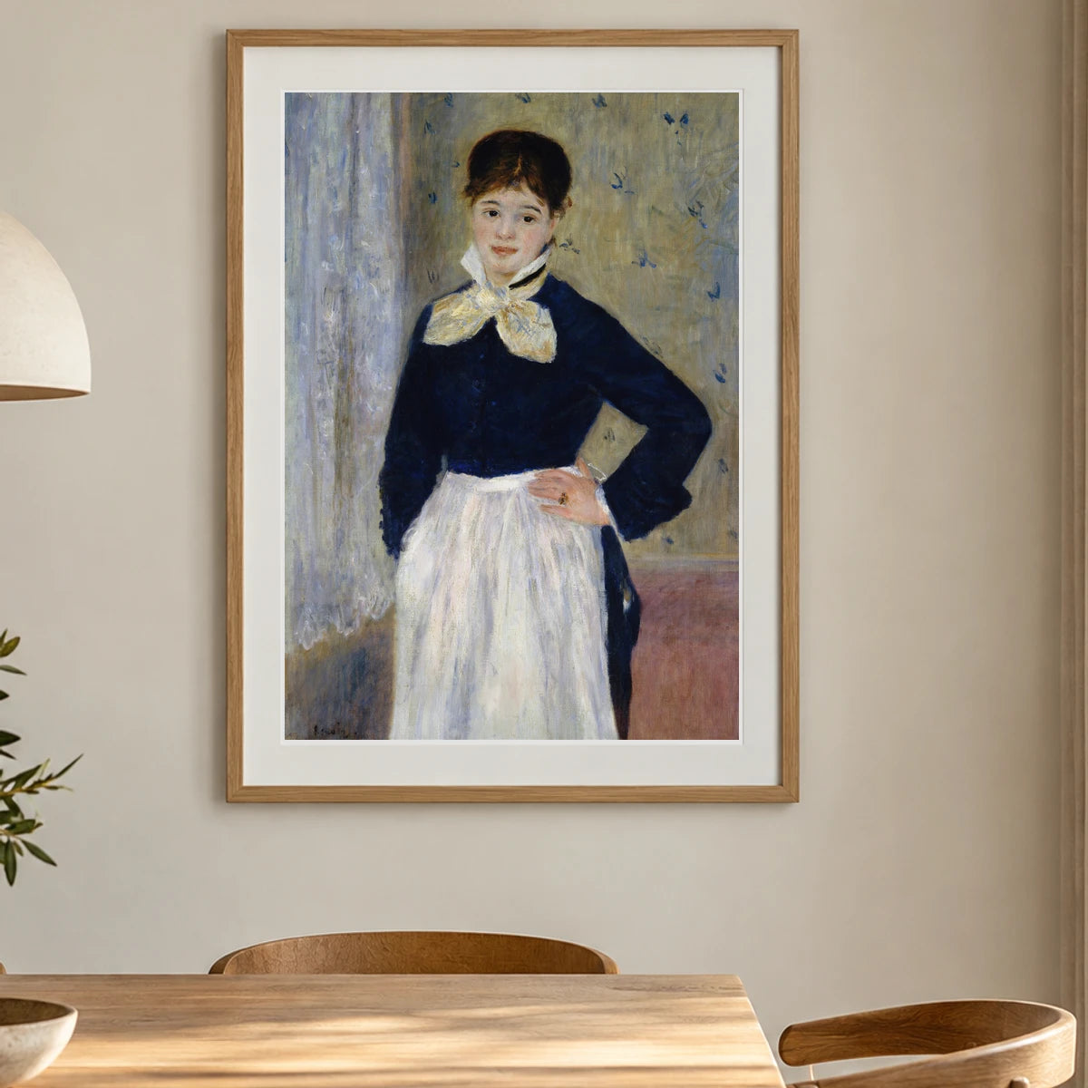 A Waitress At Duval’s Restaurant (ca. 1875) — Pierre-Auguste Renoir shown in a styled interior