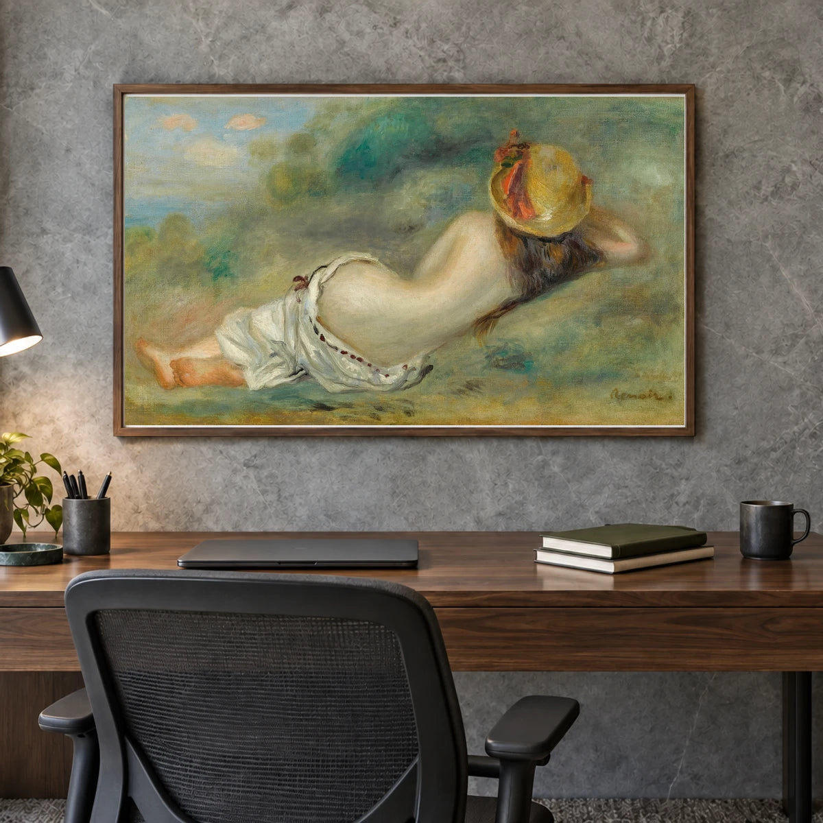 Baigneuse Allongée De Dos Avec Un Chapeau De Paille Or Femme Couchée Sur L’herbe (1892.) — Pierre-Auguste Renoir shown in a styled interior